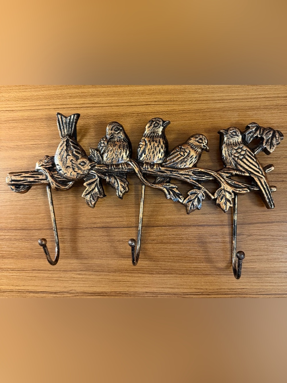 VTG Cast Iron Birds on Branch Wall Hook Rack 3 Hooks Key Coat Hanger 12"